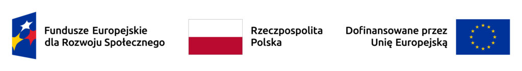 Na obrazku znajdują się trzy grafiki. Logo Funduszy Europejskich dla Rozwoju Społecznego, flaga Polski oraz flaga Unii Europejskiej z informacją: dofinansowane przez Unię Europejską.
