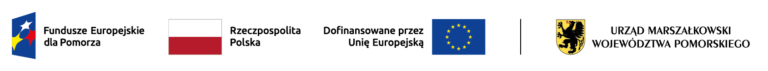 Grafika zawiera loga i flagi: Funduszy Europejskich (czerwona, żółta i biała gwiazda na niebieskim tle), Polski (biało-czerwona), Unii Europejskiej (żółte gwiazdy w okregu na niebieskim tle) i województwa pomorskiego (czarny gryf na żółtym tle)